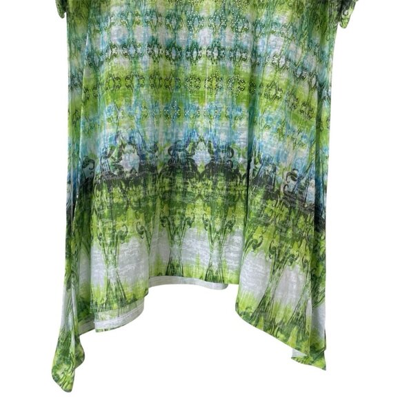 Jess & Jane Womens Tie Dye Tunic Top L Artsy Rhinestone Shark Bite Green Blouse - Picture 5 of 13
